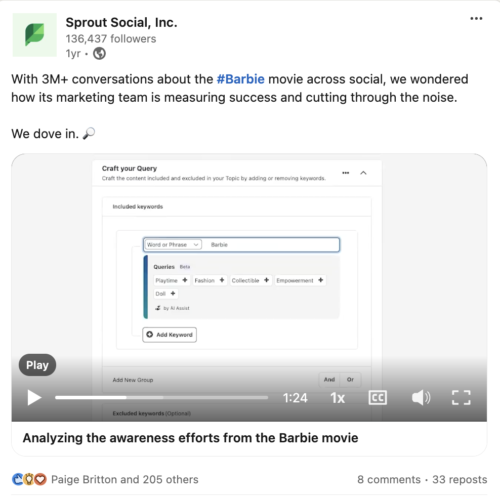 Sprout’s Query Builder tool helps pull relevant information from 3 million convesations on Barbie to give you the exact insights you’re looking for.